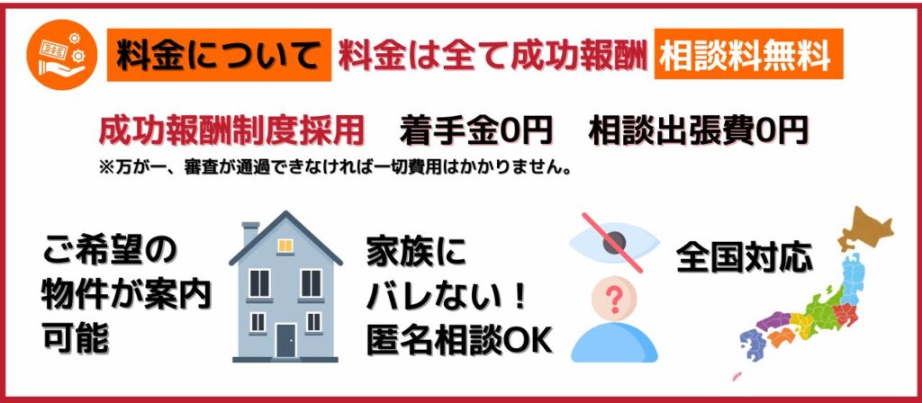 料金は全て成功報酬、相談料無料、着手金0円、出張費0円 ご希望の物件が案内可能 家族にバレない！匿名相談OK。全国対応