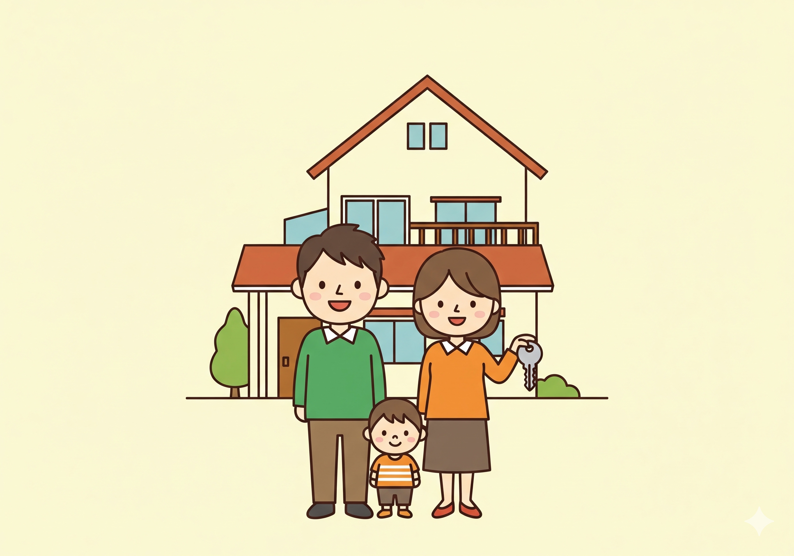 家族がマイホームの前で笑顔で立っているイラスト