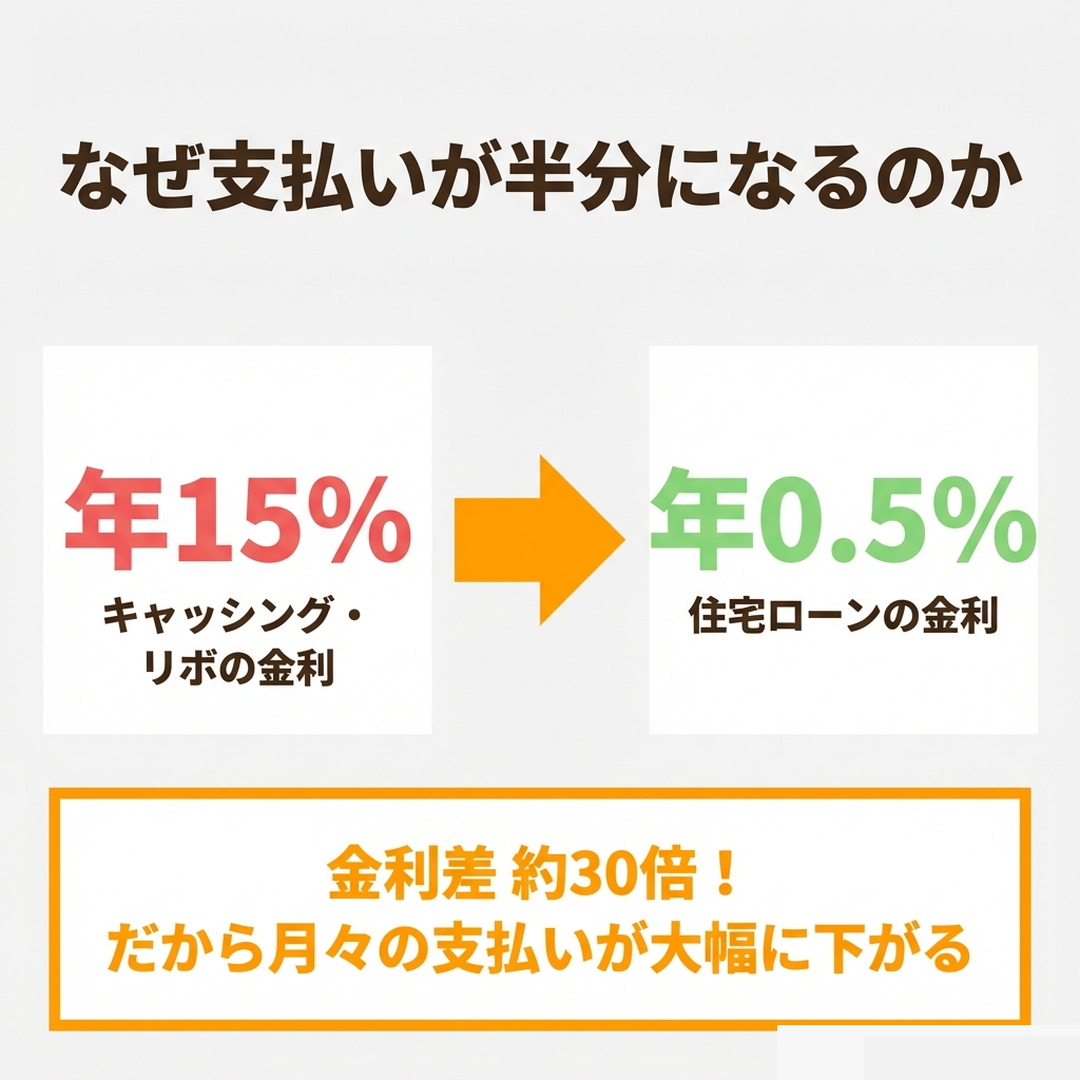 キャッシング年15%と住宅ローン年0.5%の金利差 約30倍の比較図