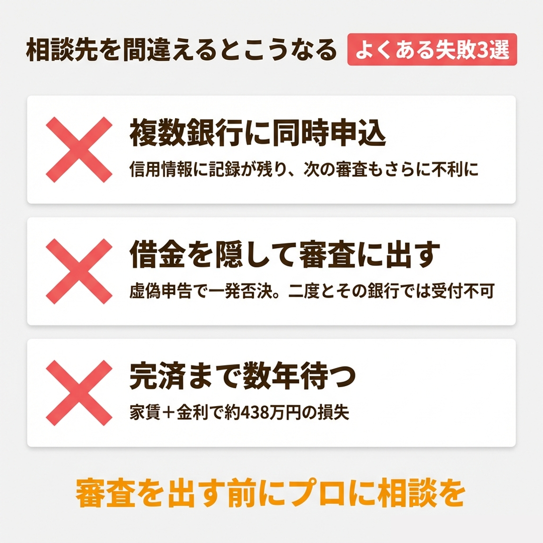 住宅ローンの相談先を間違えた場合のよくある失敗パターン3選（同時申込・借金隠し・完済待ち）