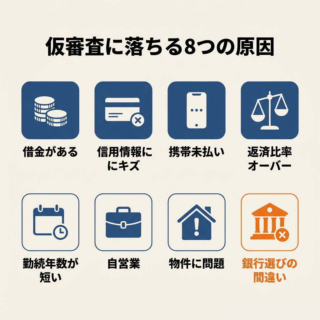仮審査に落ちる8つの原因アイコン一覧
