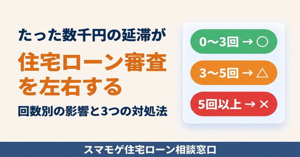 住宅ローン審査における延滞回数別の影響チャート 0〜3回は影響小 3〜5回はグレー 5回以上は厳しい