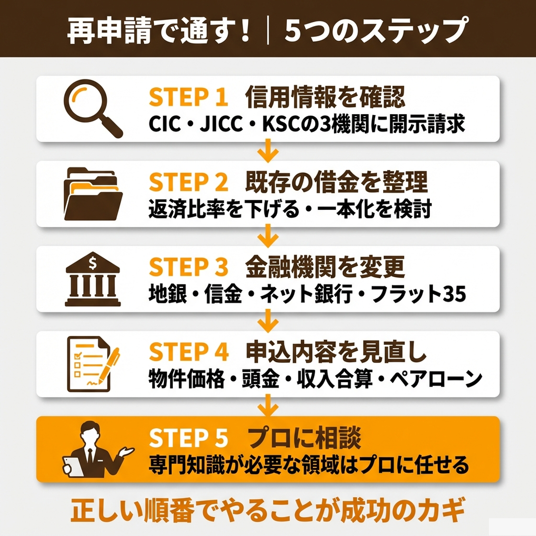 住宅ローン再申請で通すための5ステップ（信用情報確認・借金整理・金融機関変更・申込見直し・プロに相談）