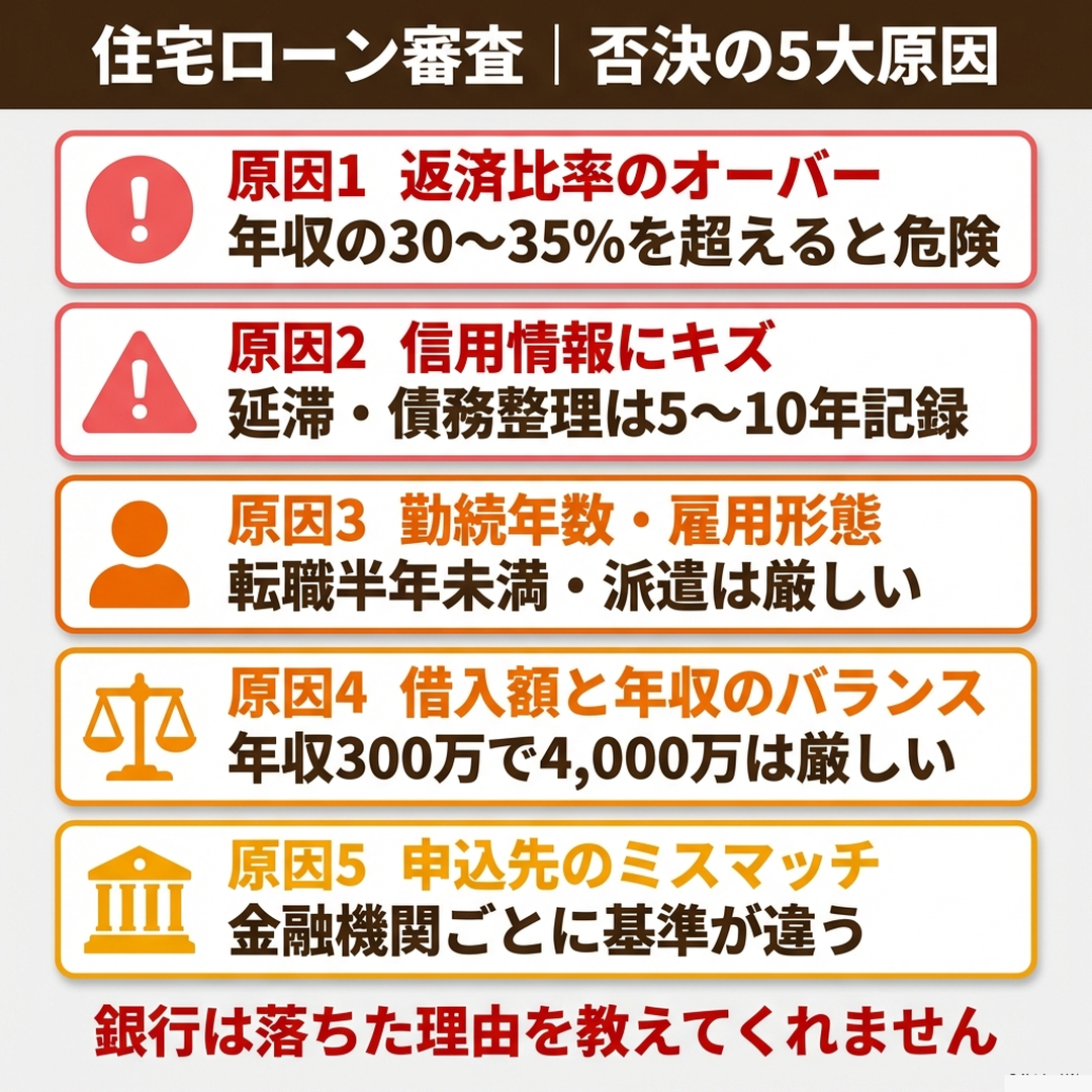 住宅ローン審査に落ちる5大原因（返済比率・信用情報・勤続年数・借入バランス・申込先ミスマッチ）
