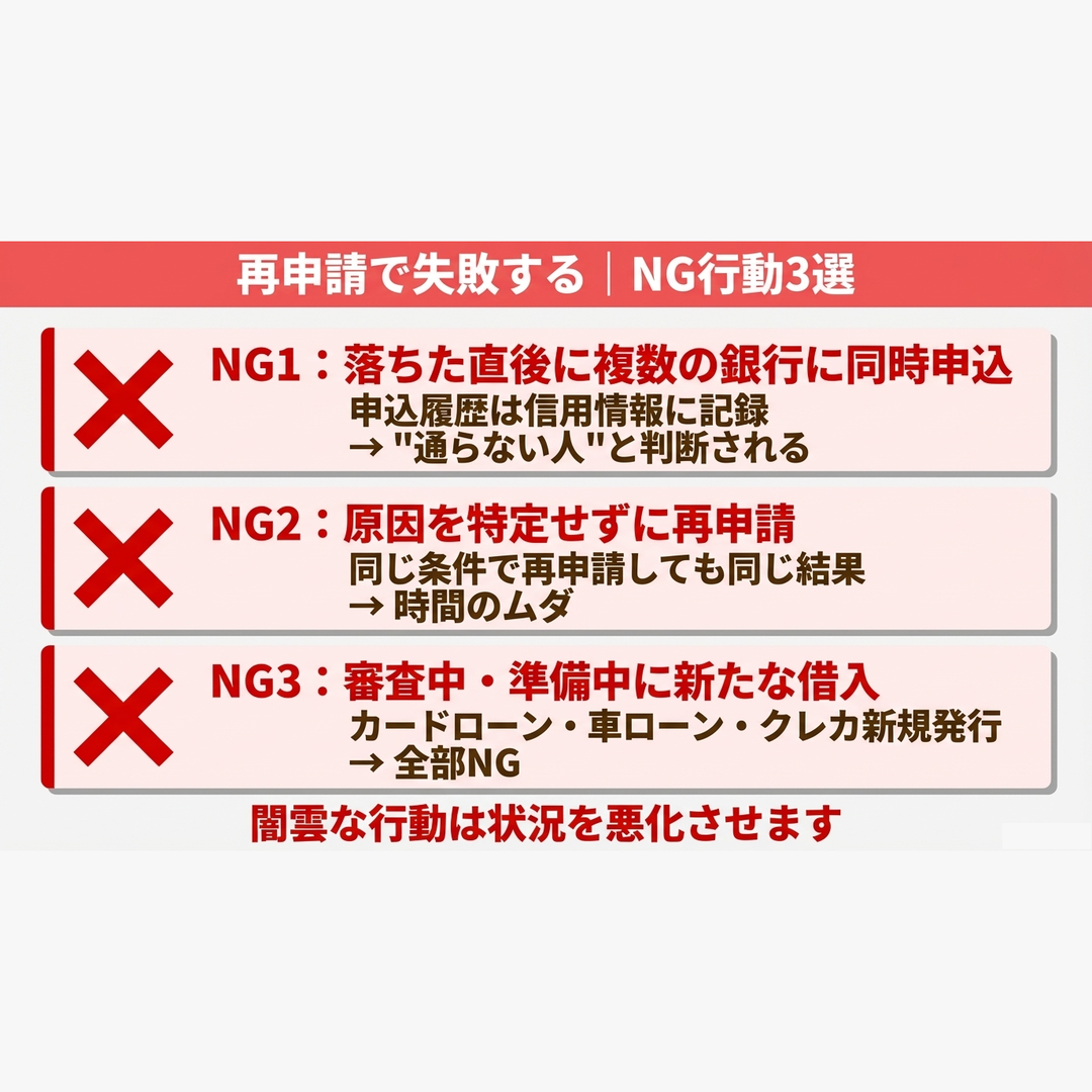住宅ローン再申請で絶対やってはいけないNG行動3選（複数同時申込・原因未特定で再申請・新たな借入）