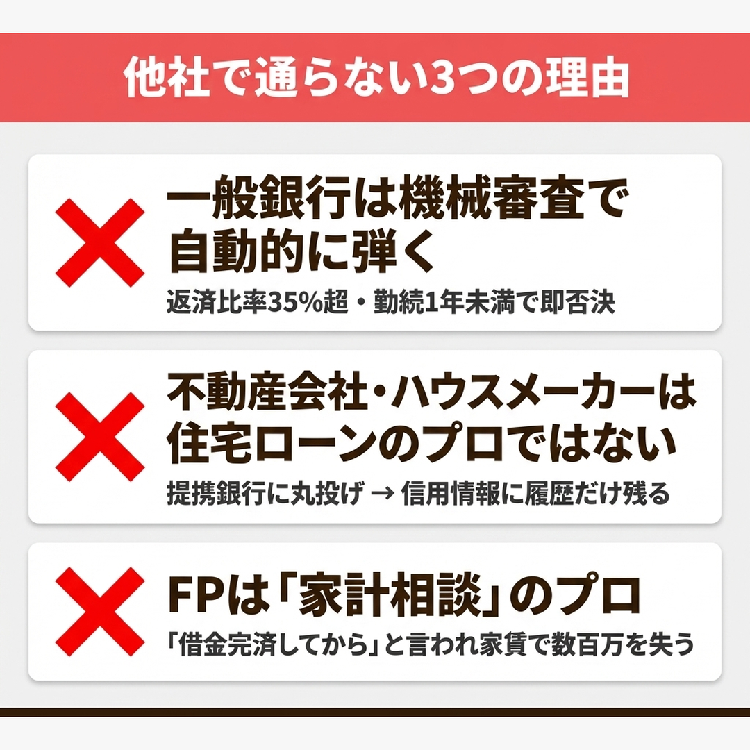 他社で住宅ローンが通らない3つの理由 一般銀行の機械審査 不動産会社のハウスメーカー丸投げ FPは家計相談のプロ