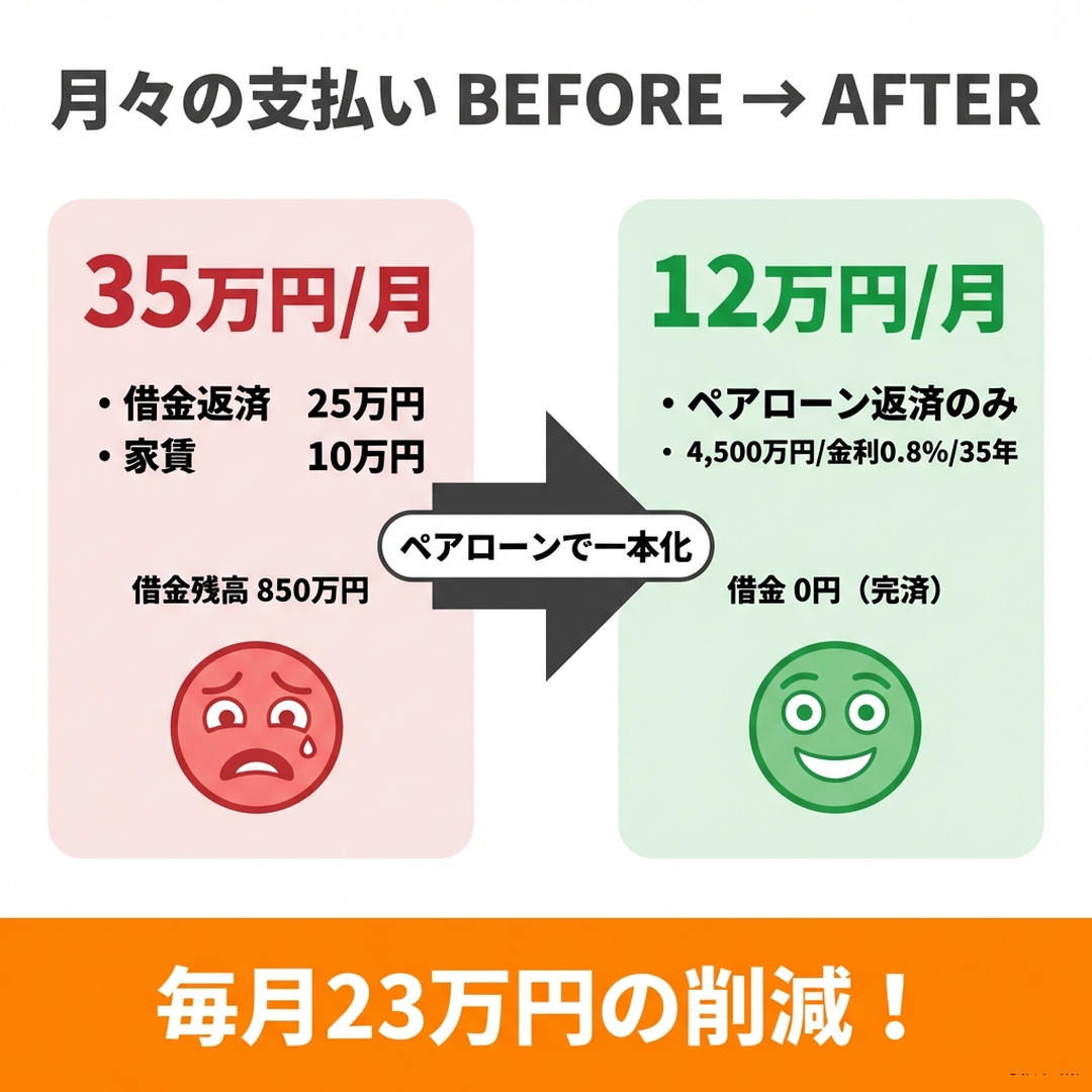 ペアローンで一本化した月々の支払いBEFORE35万円からAFTER12万円への変化と毎月23万円の削減を示す比較図