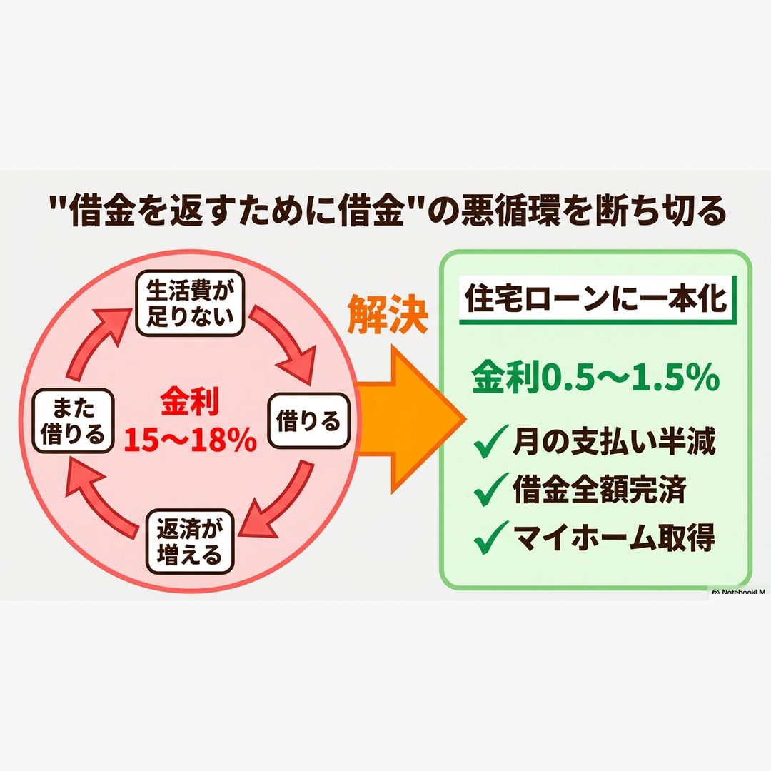 借金を返すために借金する悪循環を住宅ローン一本化で解決するフロー図 金利15-18%から0.5-1.5%へ