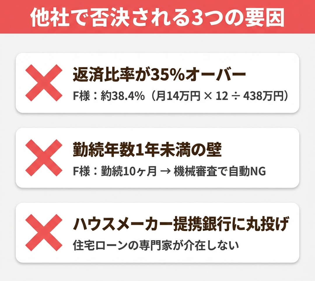 住宅ローン審査で他社否決になる3つの要因チェックリスト 返済比率35%オーバー 勤続1年未満 ハウスメーカー丸投げ