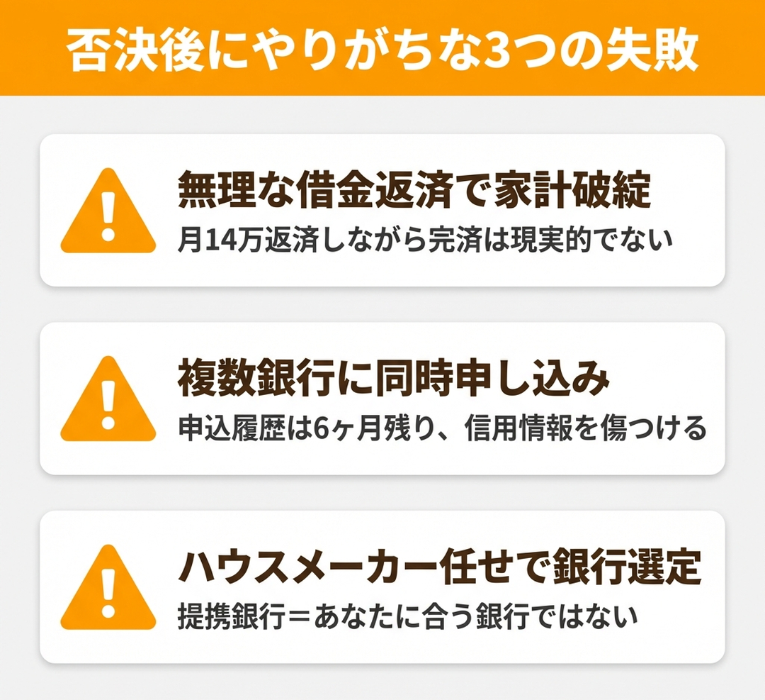 住宅ローン否決後にやりがちな3つの失敗パターン警告 無理な返済 複数銀行同時申込 ハウスメーカー任せ