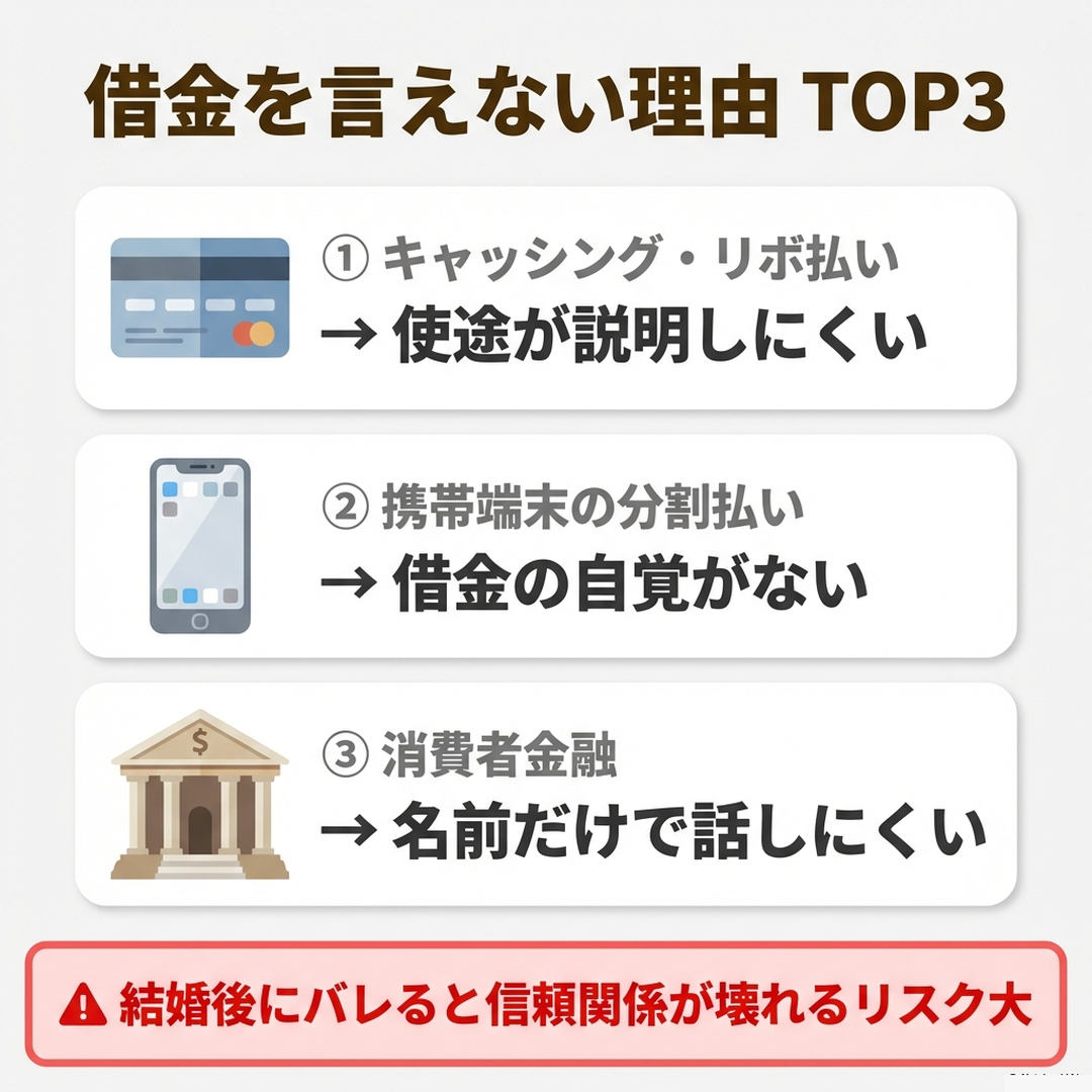 借金を婚約者に言えない理由TOP3 キャッシング・リボ払い、携帯端末の分割払い、消費者金融