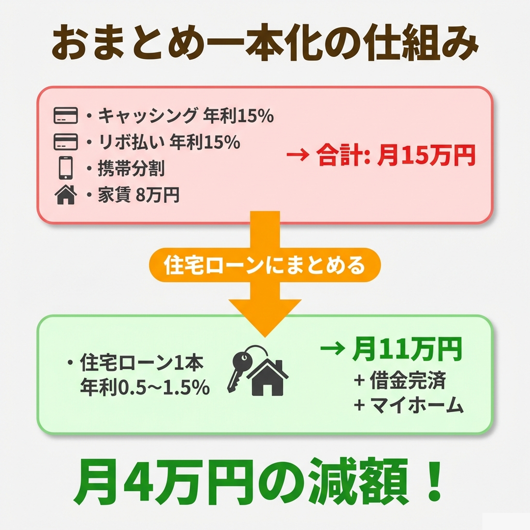 住宅ローンおまとめ一本化の仕組み 借金と家賃の月15万円が住宅ローン月11万円に減額