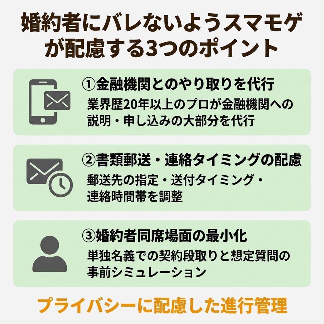 婚約者にバレないようスマモゲが配慮する3つのポイント 金融機関やり取り代行 書類郵送タイミング配慮 同席場面の最小化