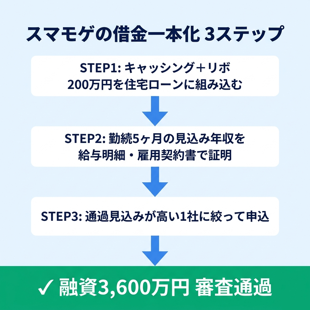 スマモゲの借金一本化設計フロー キャッシング＋リボを住宅ローンに組み込み返済比率を基準内に収める3ステップ