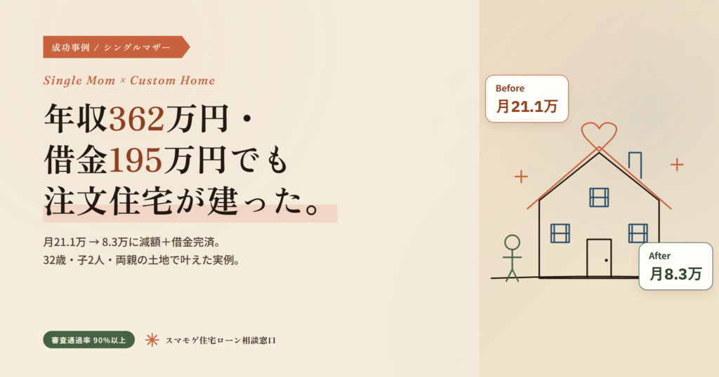 シングルマザー年収362万円・借金195万円でも両親の土地に注文住宅を建築 月21.1万→8.3万に減額＋借金完済を伝えるアイキャッチ画像