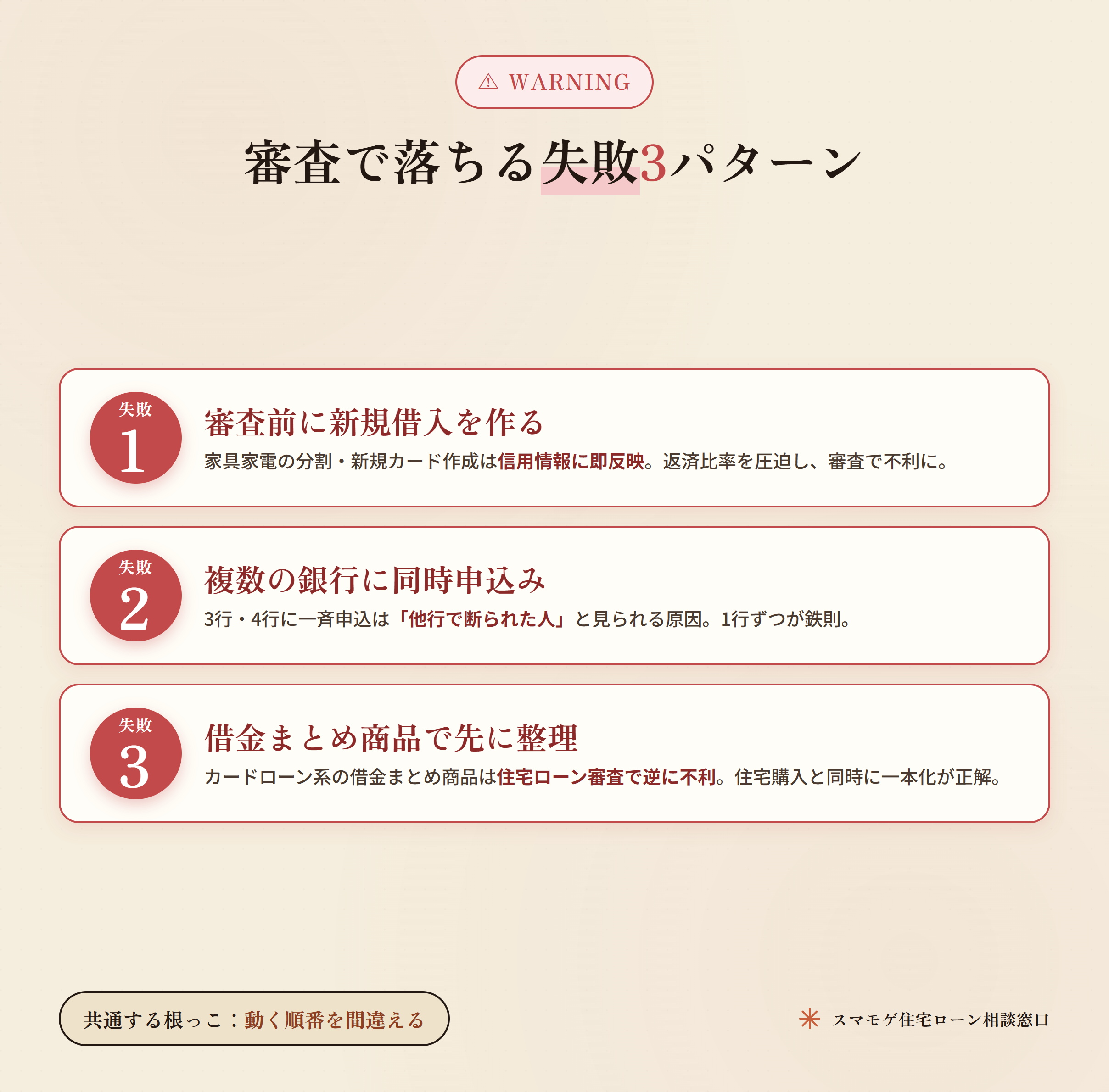 シングルマザーが住宅ローン審査で落ちる失敗3パターン（新規借入・同時申込・借金まとめ商品）