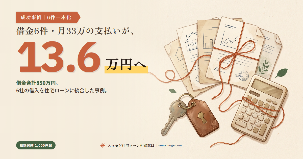 借金6件850万円を住宅ローン一本化で月13.6万円|スマモゲ住宅ローン相談窓口