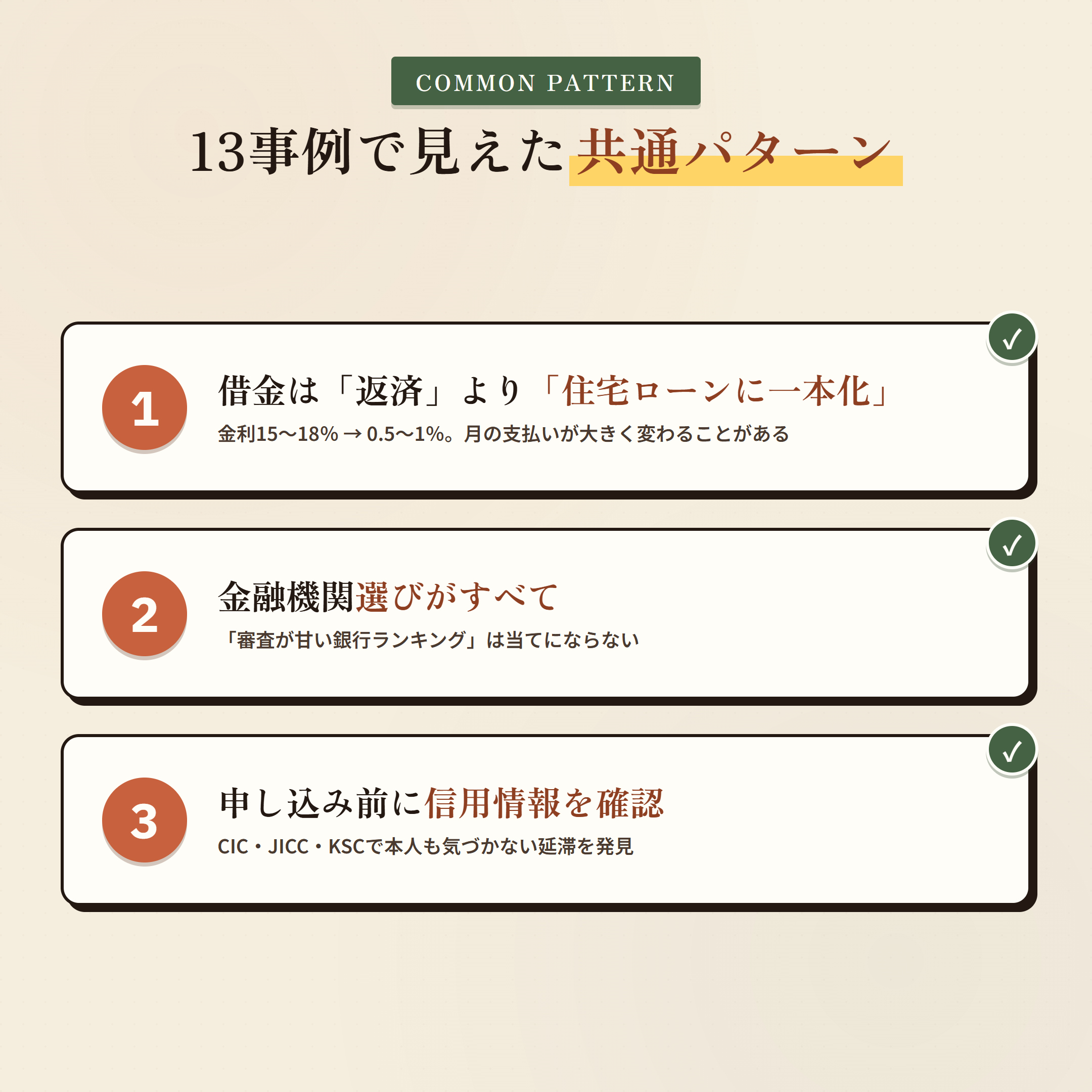 住宅ローンが通る人の共通パターン3つ 借金一本化 金融機関選び 信用情報の事前確認