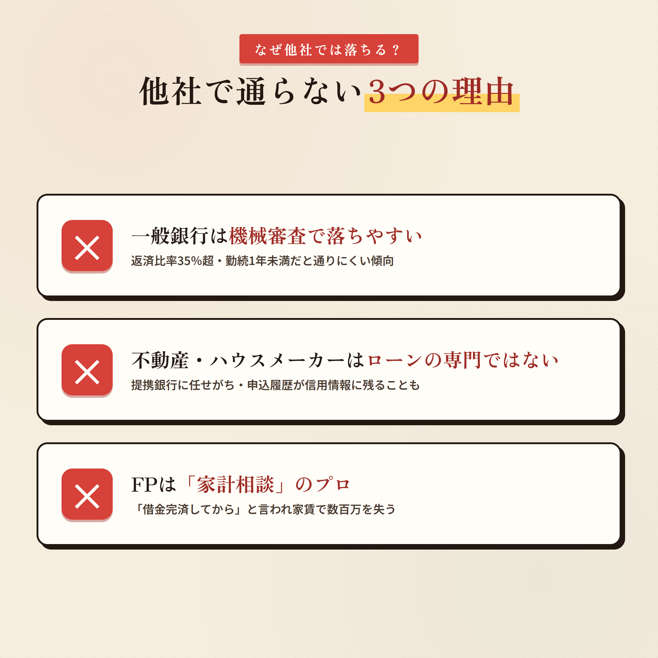他社で住宅ローンが通らない3つの理由 一般銀行の機械審査 不動産会社のハウスメーカー丸投げ FPは家計相談のプロ