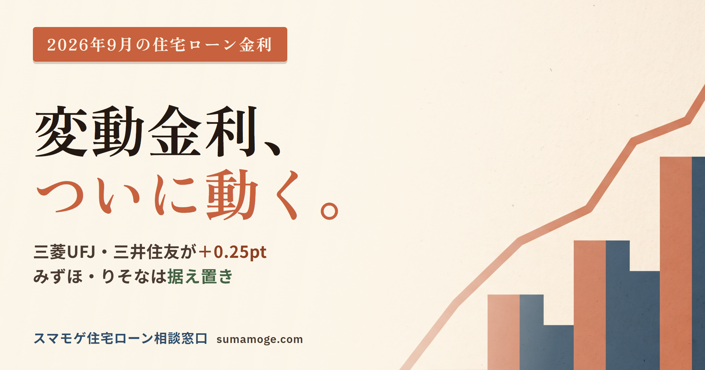 2026年9月の住宅ローン金利。変動金利がついに動き、三菱UFJ・三井住友が+0.25ポイント引き上げ、みずほ・りそなは据え置きを示すアイキャッチ